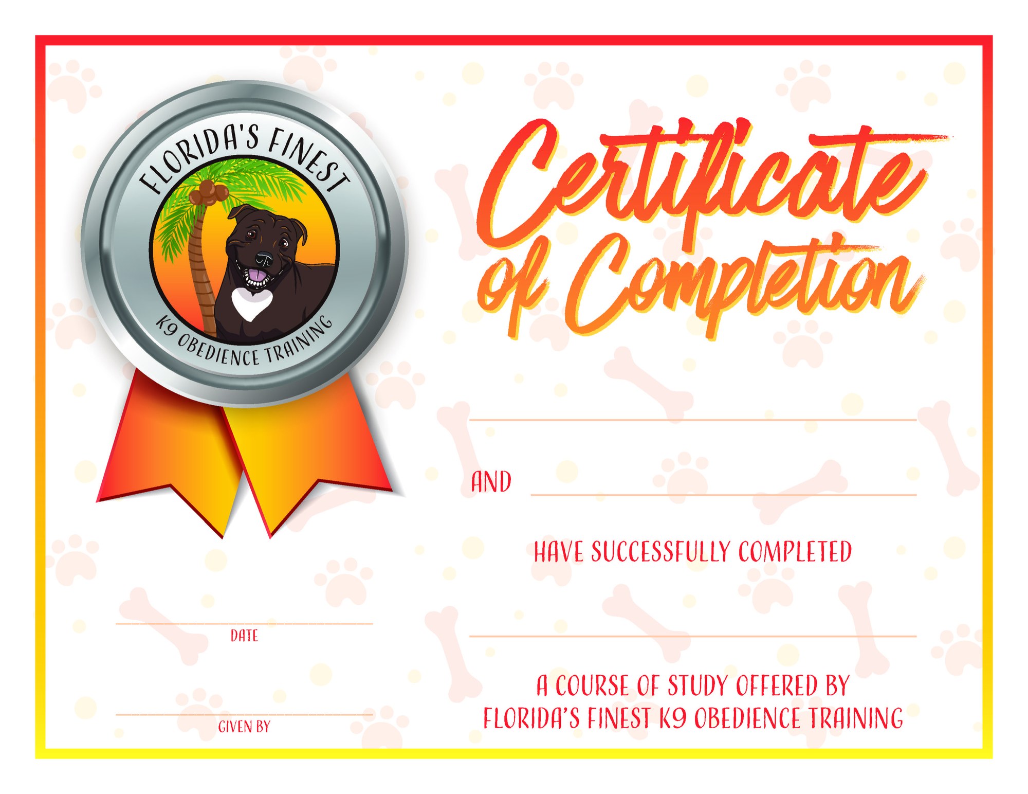 Florida&rsquo;s Finest K9 certificate of completion